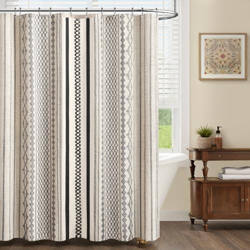 Black Boho Linen Shower Curtain,72" W x 72" L