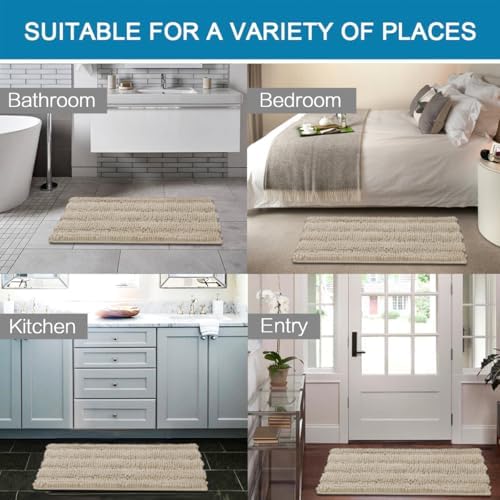 H.VERSAILTEX Bath Mats for Bathroom Non Slip Thick Chenille Striped Bath Rug Absorbent Fluffy Soft Shaggy Rugs Washable Dry Fast Plush Mats for Indoor, Bath Room, Tub - 17" x 24", Fog