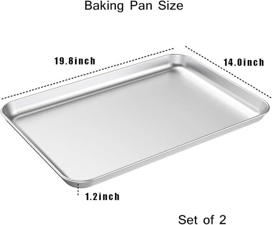 Baking Sheet Set of 2, Wildone Stainless Steel Baking Tray Cookie Pan, Size 20 x 14 x 1 Inch, Non Toxic & Heavy Duty & Easy Clean