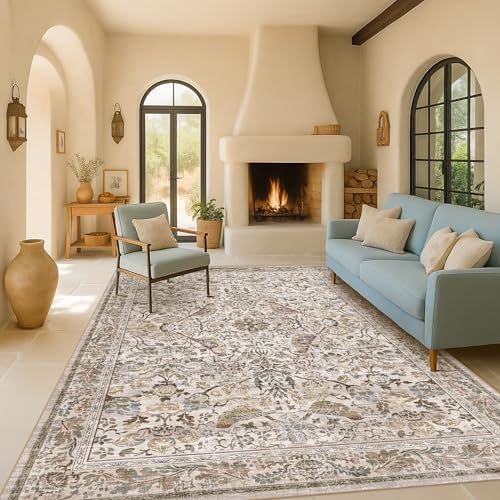 Floral 9x12 Large Area Rug for Living Room - Floral & Bird Soft Rugs for Bedroom,Non Slip Washable Carpet for Dining Room Under Table, Vintage Brown Taupe Indoor Décor, Low Pile Stain Resistant