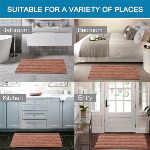 H.VERSAILTEX Bathroom Rug Set, 2 Piece Non Slip Thick Soft Chenille Striped Bath Mats, Muted Clay, 20" x 32"/17" x 24"