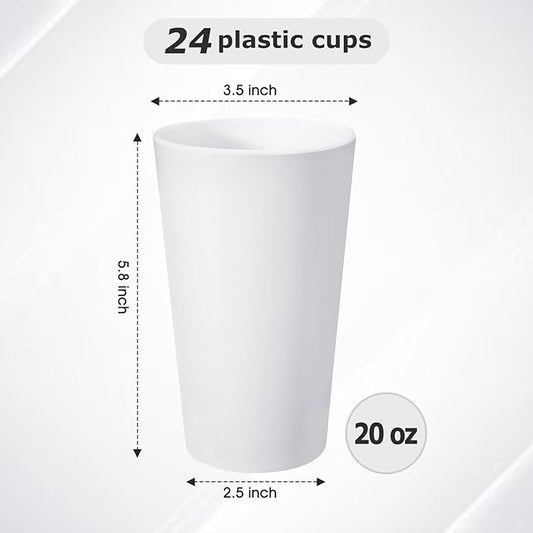 HEYCOME 24 Pcs Unbreakable Plastic Cups Set, 20 oz Reusable Plastic Cups, Stackable Water Tumblers, Drinking Cup for Kitchen, Outdoor, BPA-free, Dishwasher Refrigerator and Microwave Safe, White