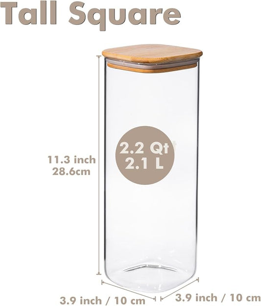 3-Pack 2.2Qt Square Glass Spaghetti Jars with Bamboo Lids | Minimalist Kitchen Organizer,Scandinavian Style Storage,Nordic Style Storage,Food Storage Canister for Pasta, Penne, Macaroni