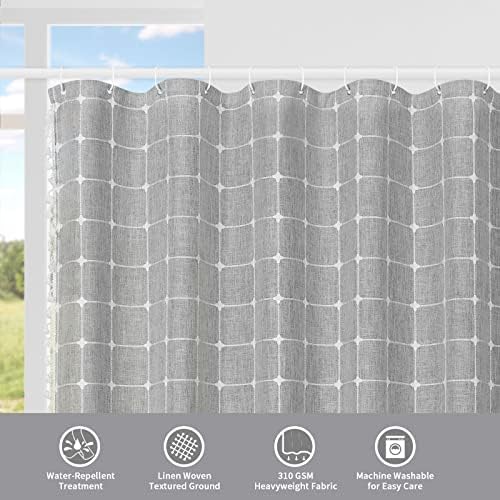 Boho Farmhouse Classic Plaid Linen Tassel Shower Curtain Tan Brown,72x78