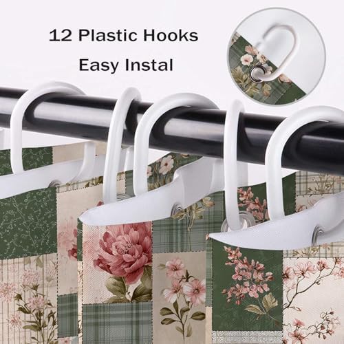 Retro Floral Patchwork Shower Curtain, Pink and Green, 72x72 inch