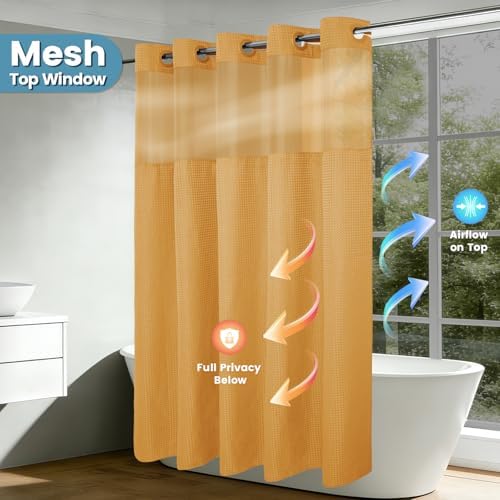 EUTXL Heavyweight Waffle No Hook Shower Curtain with Liner, 71x74, Gold