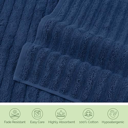 Elegant Comfort Luxury 100% Turkish Cotton Corduroy Ribbed 4 Pack Hand Towel Set 16 x 28 Inch - Absorbent, Super Soft, Quick Dry, Premium Towels for Bathroom, Gym, Spa and Hotel Use, Navy