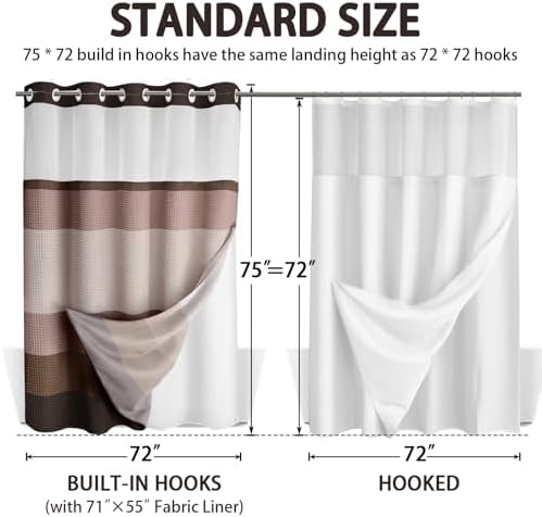 No Hook Shower Curtain with Liner Set Hotel Waffle Brown Striped 72W X 75L