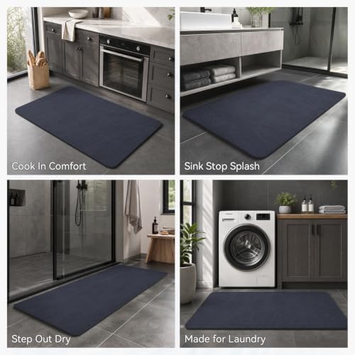 MontVoo -Bath Mat Rug-Rubber Backing Non Slip Quick Dry Absorbent Thin Bathroom Rugs Fit Under Door-Faux Suede Surface Bathroom Floor Mats-Shower Rug for in Front of Bathtub Shower Navy 16"x24"