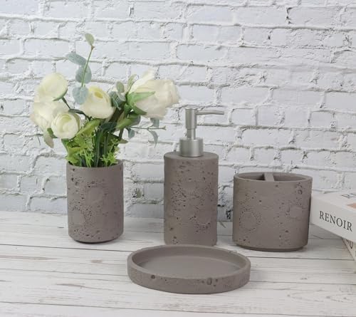 Hymmah Meteorites Bathroom Accessories Set,Farmhouse Bathroom Decor,4 Pcs Resin Gift Set Apartment Necessities, Contain Cotton Swab Jar,Soap Dispenser,Tumbler,Soap Dish/Tray