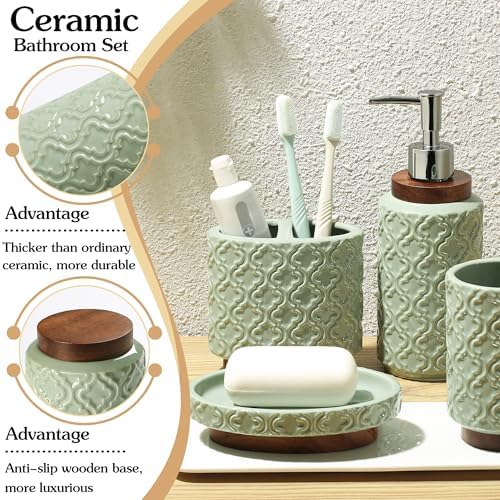 RQYIXI Ceramic Bathroom Accessories Set,Sage Green,6 Piece,Embossed Design