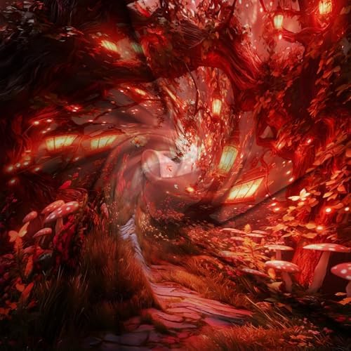 Fantasy Forest Path Shower Curtain Red Fairy Magical Enchanted Misty Jungle Mushroom Floral Tree Butterfly Lantern Wonderland Bath Curtain Fabric Bathroom Accessories Decor with Hooks 55W x70L