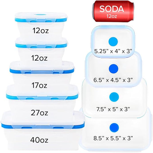 ECOBERI Collapsible Food Storage Containers, Silicone 5 Piece Set, 12/17/27/40 oz, BPA-Free Meal Prep Containers with Airtight Lids, Space-Saving, Freezer and Dishwasher Safe