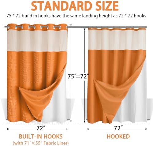 No Hook Shower Curtain with Liner Set Hotel Waffle Curtain Orange 72W X 75L