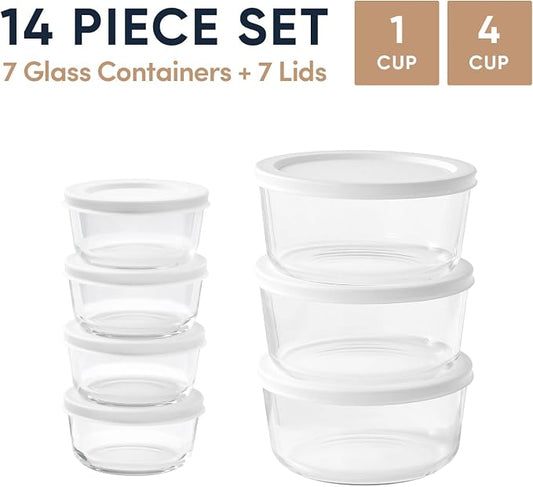 14-Piece Glass Food Storage Containers Set (7 Containers + 7 BPA-Free Lids) | 1-Cup & 4-Cup, Leakproof | Microwave, Freezer, Oven & Dishwasher Safe | Ideal for Meal Prep & Pantry Organization, White