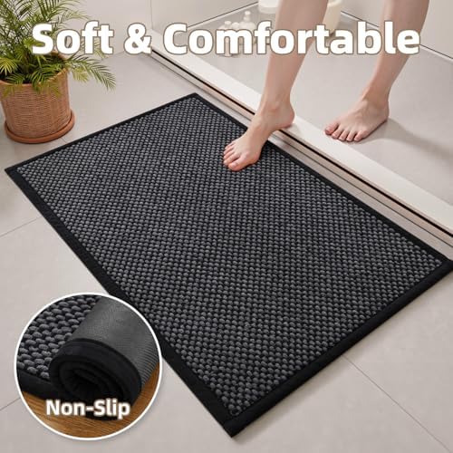PADOOR-Bath Mat-Super Absorbent Chenille Bathroom Mats-Rubber Backed Bath Mats for Bathroom Non Slip, Easy Clean Bathroom Rugs Front of Bathtub,Shower Room,Sink-20×32, Darkgrey&Black