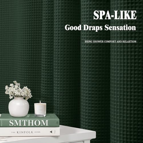 Extra Long Waffle Shower Curtain Heavyweight Cotton Fabric Dark Green 72Wx90L