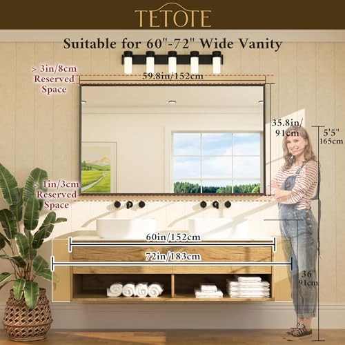 TETOTE Matte Black Beveled Framed Bathroom Mirror 60" x 36" Large Black Rectangle Metal Vanity Wall Mirror for Bathroom Sink, Modern Farmhouse, Tempered Glass, Shatterproof, Stronger Frame