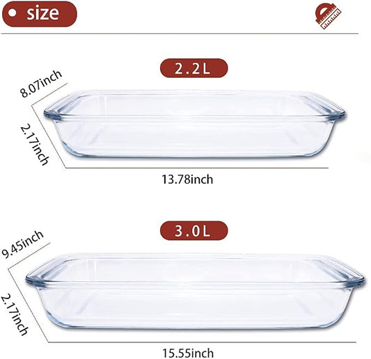 2-Pack Glass Baking Dishes – 102 oz & 75 oz (2.2 L + 3.0 L) Large Oven-Microwave-Freezer Safe Borosilicate Glass Bakeware for Cooking & Food Storage