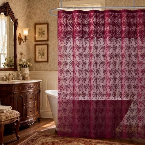 Burgundy Lace Shower Curtain, 72x72, Vintage Floral with Attached Valance