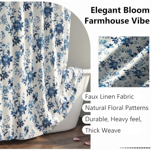 Farmhouse Blue Floral Shower Curtain, Waterproof Fabric Faux Linen Shower Curtain Set with 12 Rings, Vintage Cottagecore Boho Shower Curtains for Bathroom 72" W x 72" L (Beige + Blue
