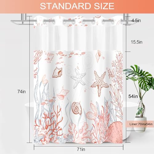 No Hook Shower Curtain and Liner Set, Coral Beach Coastal 71x74