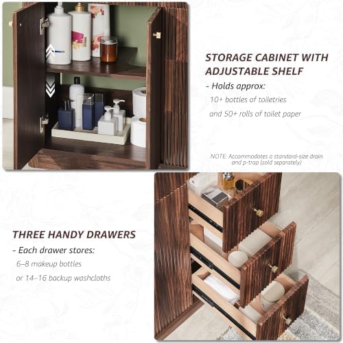 T4TREAM 36" Fluted Bathroom Vanity with Single Sink, Dark Walnut