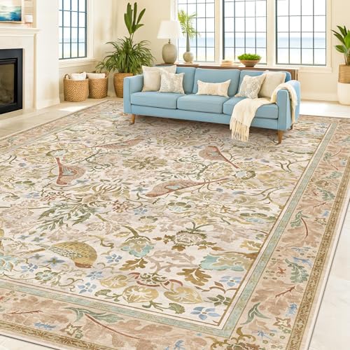 Washable Living Room Rug 8x10 - Country Style Beige Floral Area Rugs for Bedroom Under Bed, Dining Room Table Rug, Stain Resistant Non-Slip Neutral Farmhouse Décor with Light Blue and Green Accent