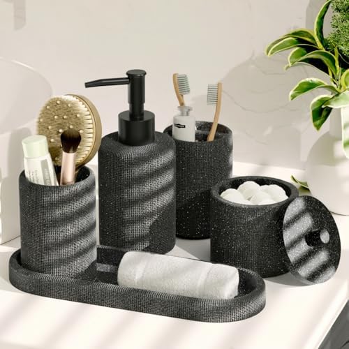 Clara Clark Bathroom Set - Coal Black Bathroom Accessories Set, 5PC Bathroom Accessory Set, Bathroom Sets with Soap Dispenser, Toothbrush Holder, Tumbler, Cotton Swab Jar & Vanity Tray