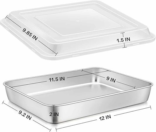 E-far Stainless Steel Baking Pan with Lid, 12โ
x 9ยพ x 2 Inch Rectangle Sheet Cake Pans with Covers Bakeware for Cakes Brownies Casseroles, Non-toxic & Healthy, Heavy Duty & Dishwasher Safe - Set of 2