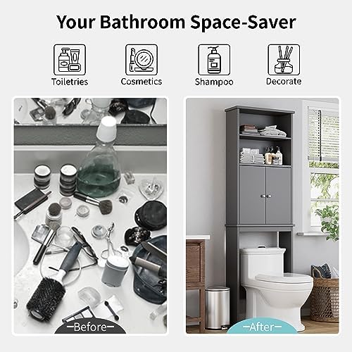 Shintenchi Over The Toilet Storage Cabinet, Bathroom Above The Toilet Rack, Bathroom Adjustable Shelf Organizer with Open Bottom Bar and Anti-Tip Device, Gray