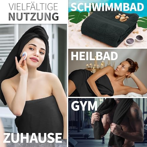 Pack of 2 Bath Towels - 100% Cotton, 500 g/m² - Soft, Absorbent & Durable - for Home, Sauna & Travel - 27 x 54 in, Black