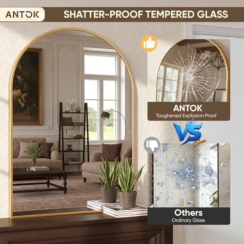 Antok Arched Bathroom Mirror, 30"x40" Wall Mounted Mirror, Vanity Mirrors for Over Sink, Aluminum Alloy Frame Bathroom Mirrors Living Room, Bedroom and Entryway, Gold