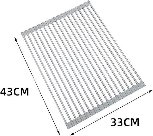 Roll Up Dish Drying Rack Over The Sink.Foldable Kitchen Drainer,Fully Silicone Cover Stainless Steel Bar,Heat-Resistant, Anti-Slip Sink Rack for Kitchen Counter Multipurpose.