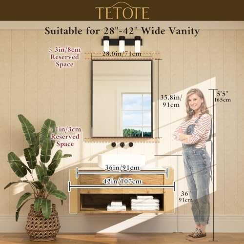TETOTE Brushed Nickel Mirror for Bathroom Sink 28" x 36" Beveled Frame Brushed Nickel Vanity Rectangle Mirror for Bathroom Wall, Modern Farmhouse, Tempered Glass, Shatterproof, Stronger Frame