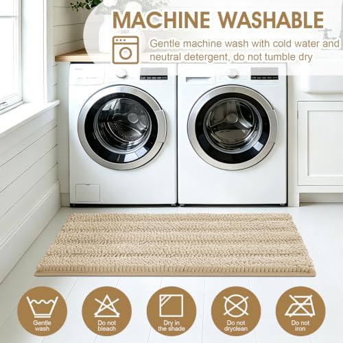 ACCUMTEK Striped Beige Bathroom Rug Mat Set 2 piece 24"x17"+48"x20" Ultra Soft, Non Slip Chenille Bath Rugs, Absorbent Plush Shaggy Bath Mats for Bathroom, Bedroom, Kitchen, Shower, Tub