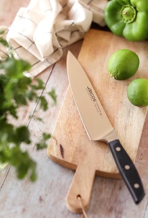 Arcos Forged Chef Knife 8 Inch Stainless Steel. Professional Kitchen Knife for Cooking. Ergonomic Polyoxymethylene Handle and 210mm Blade. Series Manhattan. Color Black