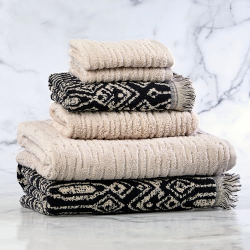 SKL Home CloudSoft/Nador Bath Towel Set-6pc, 100% Cotton, Oatmeal/Black