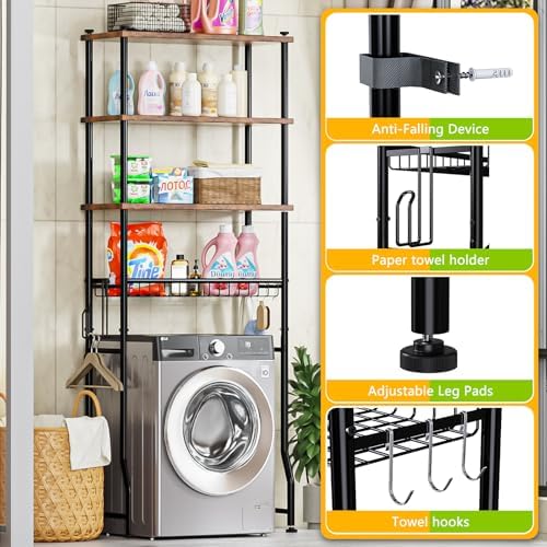 Over-The-Toilet Storage Shelf,4-Tier Bathroom Organizer Cabinet Rack And Storage Over Toilet With Shelf Waterproof Feet Pad And Basket,Multifunctional Space Saver Freestanding Bathroom Shelves(Brown)