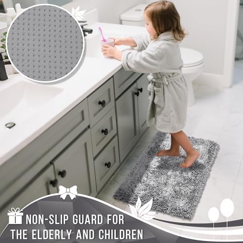 Yimobra Long Bathroom Rug Non Slip 44x24 Inch, Extra Thick Soft Absorbent Chenille Bath Mat, Machine Washable Bath Rugs for Bathroom Floor, Tub and Shower, Home Decor Accessories, Light Grey
