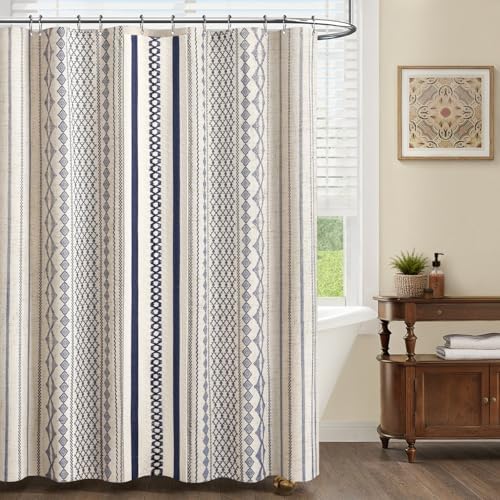 Navy Blue Boho Linen Shower Curtain,72" W x 84" L