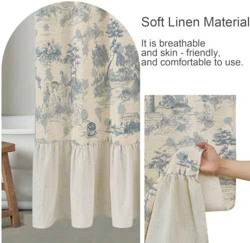 ORTIGIA Ruffle Linen Shower Curtain with Metal Hooks 72x72 Inch, Blue and White Toile de Jouy for Vintage French Country Waterproof Bathroom Decor Chateau Toile Pattern