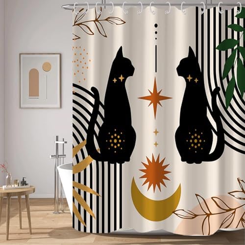 AWERT Boho Mid Century Shower Curtain Cute Cat Shower Curtain for Bathroom with Hooks Minimalist Abstract Fabric 72x72inch