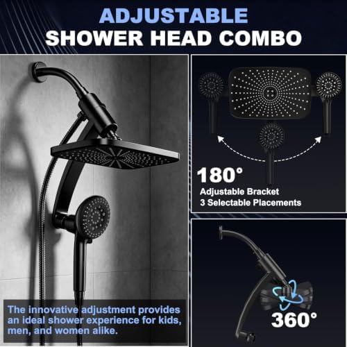 12 Inch High Pressure Rainfall Shower Head Combo,9 Settings Handheld Shower