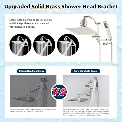 Hibbent Metal 12'' Filtered Rainfall Shower Head with Handheld Combo, High Pressure Shower Wand, 16'' Adjustable Arc Extension Arm, 20 Stage Shower Filter, 71'' Hose,Shower Holder, Brushed Nickel