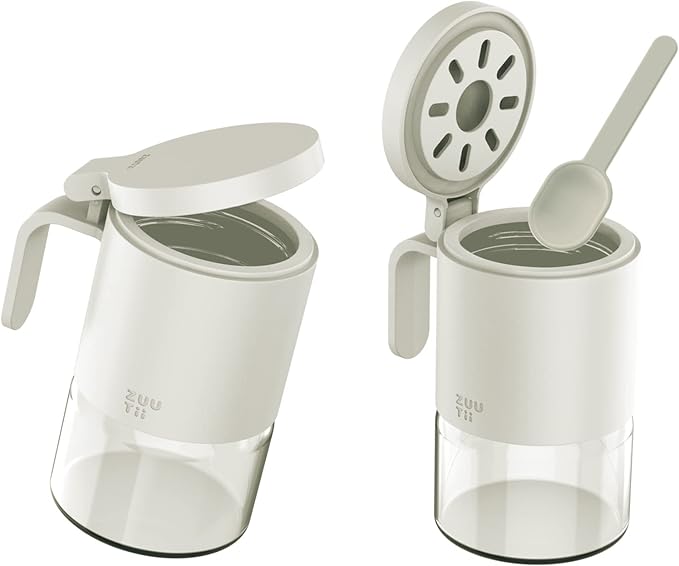 Zuutii Spice Jars Moisture-Proof Spice Containers with Spoons, Set of 2 10oz/300ml, Mini Seasoning Storage Jars with Caps for Salt, Sugar, Peppers, Chili in Kitchen