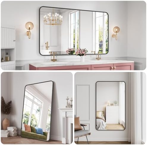 Koonmi Bathroom Mirror for Wall, 36"x60" Black Bathroom Mirror for Over Sink, Shatterproof Tempered Glass Vanity Mirror with Anti-Rust Aluminum Alloy Frame, Hang Horizontally or Vertically, Black