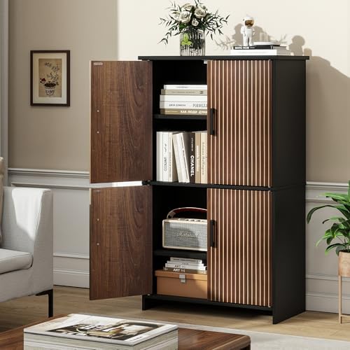 Bathroom Storage Cabinet, Floor Cabinet with 4 Fluted Doors and 2 Adjustable Shelves Wooden Tall Freestanding Organizers and Storage,Black