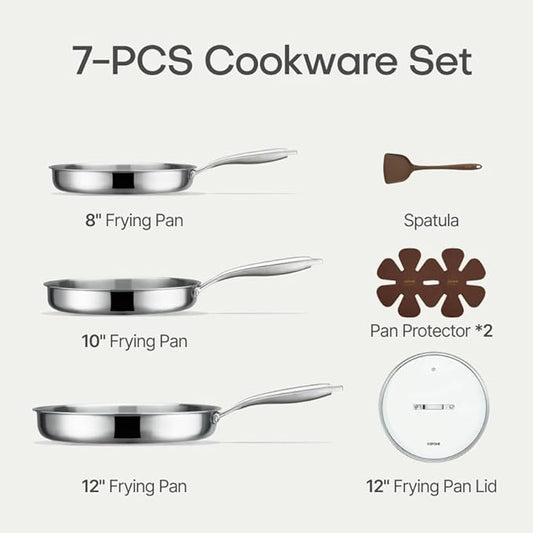 CAROTE 7-Piece Tri-Ply Stainless Steel Frying Pan Set, Skillet Set 8"/10"/12", Induction Compatible, Oven & Dishwasher Safe, Silver Handle