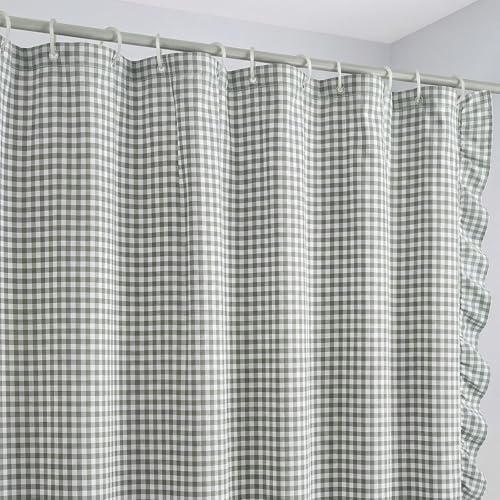 HunnmingRe Ruffled Gingham Shower Curtain Sage Green